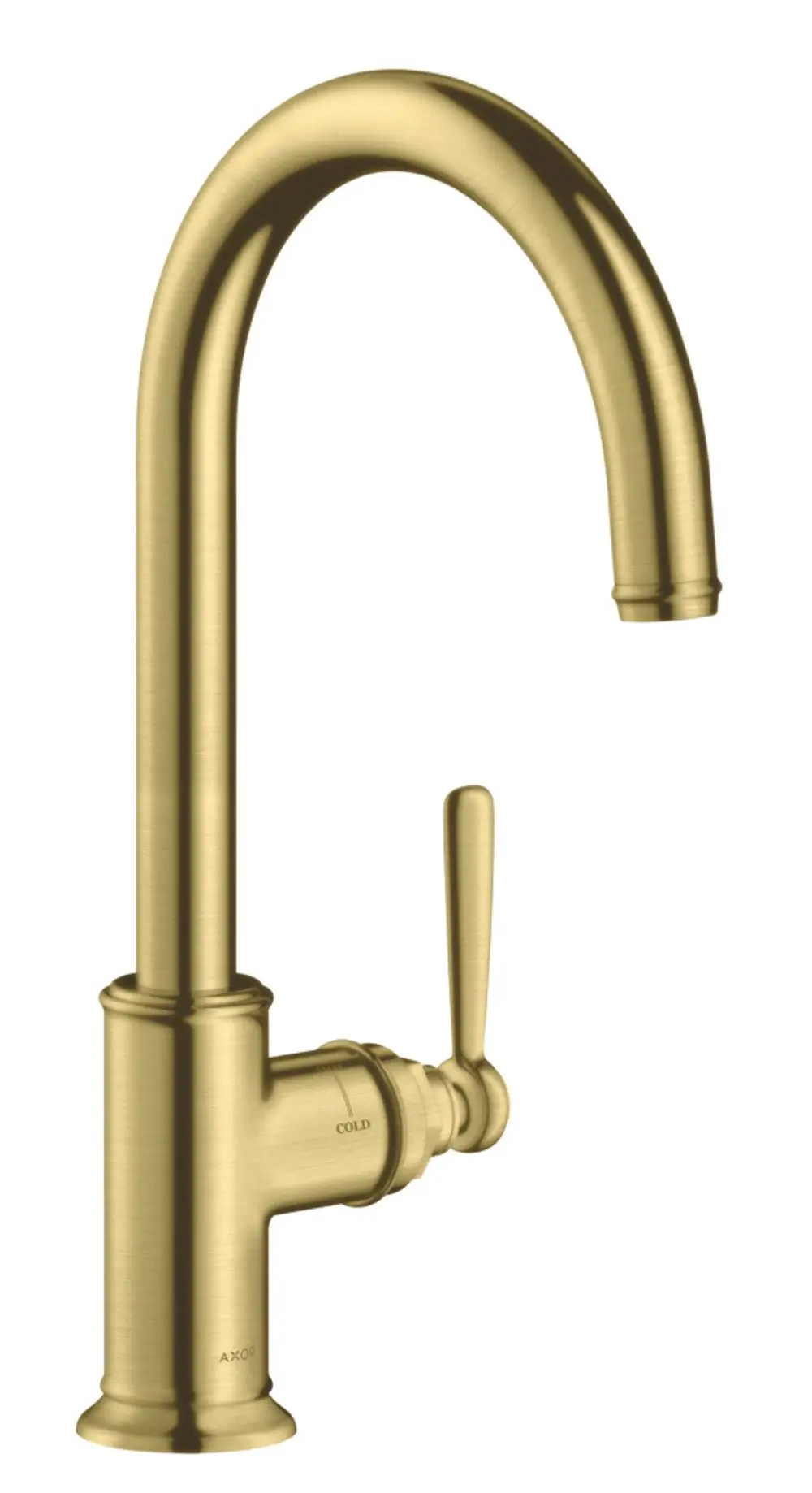 Küchenmischer mit Schwenkauslauf in gebürstetem Messing, ausgestattet mit einem Hebel und einer kalten Wasseranzeige, von der Marke AXOR.